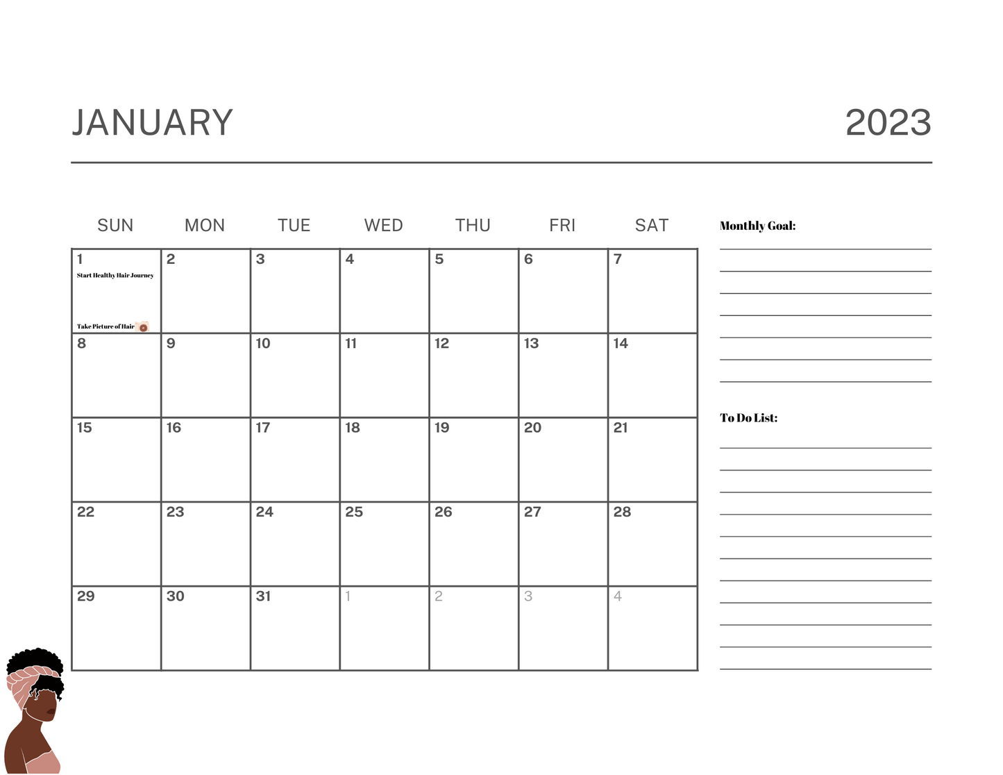 Printable 2023 Hair Goals Calendar